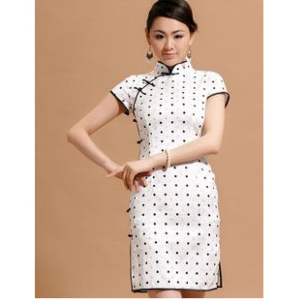 NWOT Chinese Qipao dress/Cheongsam White black silver dot XS